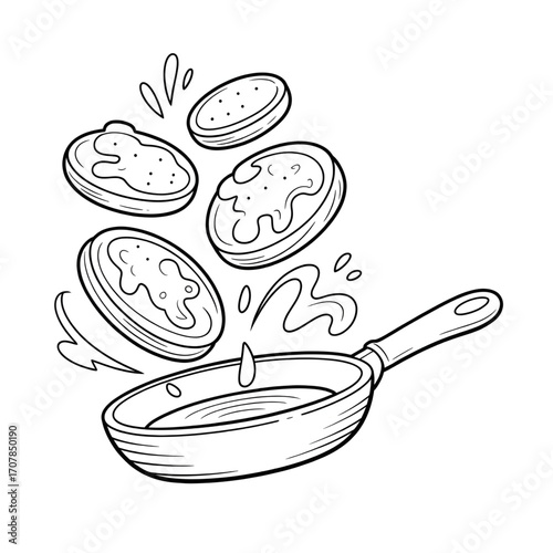 Cooking Eggs in Frying Pan Illustration – Breakfast, Kitchen, Food Preparation, Culinary, Cooking Utensil Coloring page