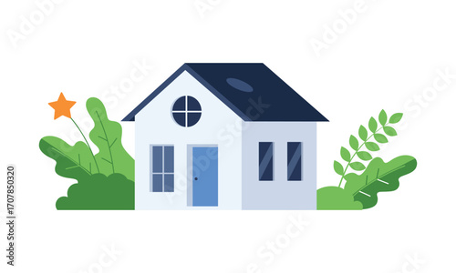Charming cartoon house with lush greenery on a white background