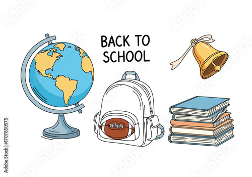 School supplies, globe, backpack, and books create a welcoming back-to-school scene