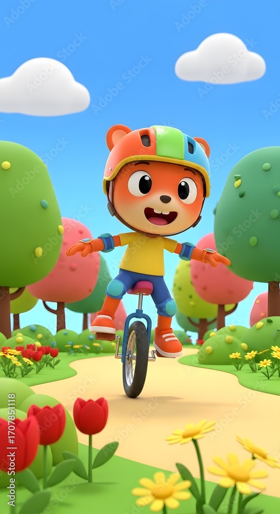 Fototapeta premium An animated fox character wearing a colorful helmet and protective gear, joyfully rides a unicycle on a path.