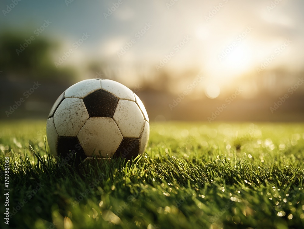 Fototapeta premium Soccer ball on grass field at sunset for sports equipment and recreation concept