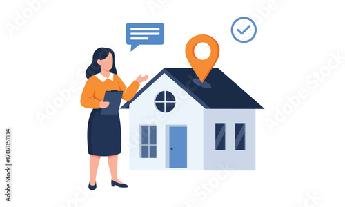 Real estate agent presenting a new house with location pin and confirmation checkmark