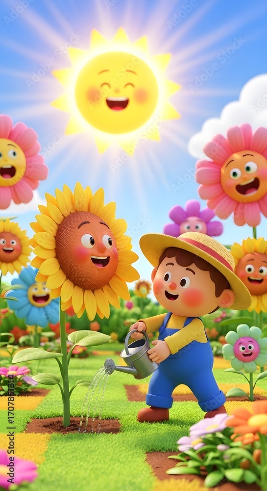 Fototapeta premium A happy young boy dressed in overalls and a straw hat waters a field of whimsical, smiling flowers, under a radiant, cheerful sun.