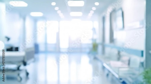 Out-of-focus view down a bright, clean hallway with hospital beds and a potted plant