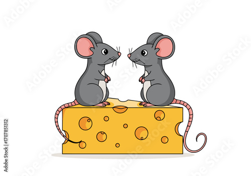 Two adorable mice standing on a delicious block of cheese, a delightful cartoon illustration