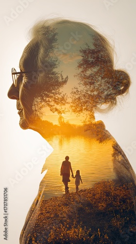 Senior woman silhouette with glasses and sunset landscape inside. Grandmother with grandchild holding hand by lake. Memory and family concept.