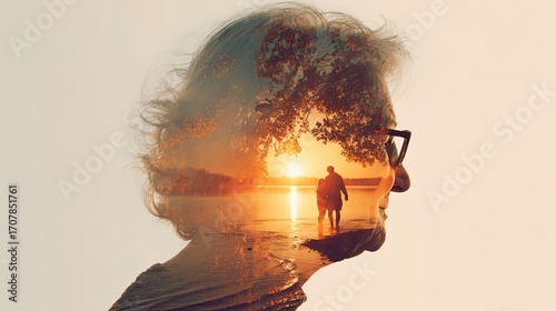Double exposure of an elderly woman profile portrait with a couple on a lake at orange sunset. Memory and nostalgia concept for mental health.