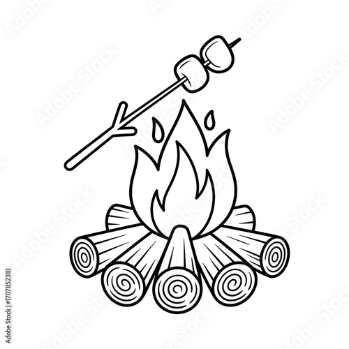 Campfire with Marshmallow on Stick Illustration – Outdoor Cooking, Bonfire, Campfire Food, Roasting, Adventure Coloring page