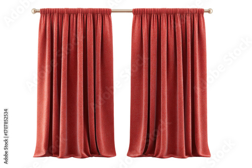 Elegant red curtains with brass rods against black background, cut out