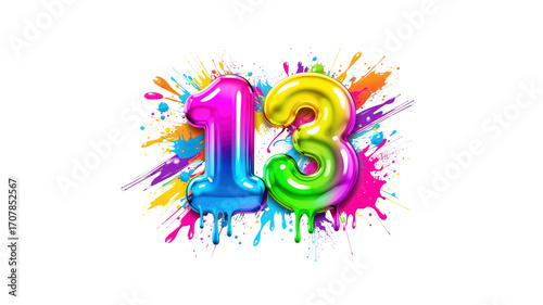 Vibrant Number Thirteen Colorful Balloon 13 with Paint Splatter Background