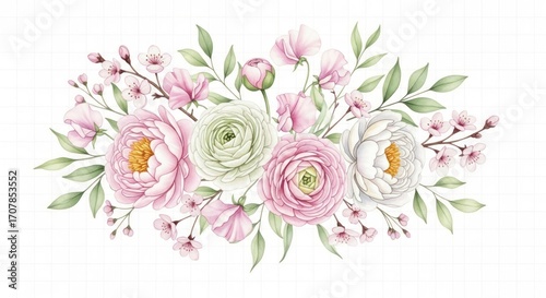 A delicate arrangement of pastel-colored flowers, including peonies, ranunculus, and cherry blossoms, creates a beautiful and romantic floral design.