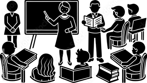 Vector illustration of a teacher instructing students in a classroom setting with desks and a blackboard shown