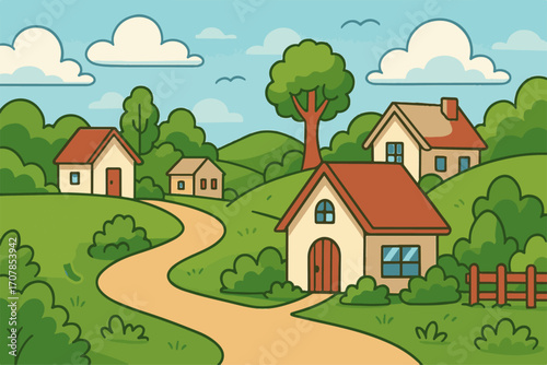 village landscape with houses and trees