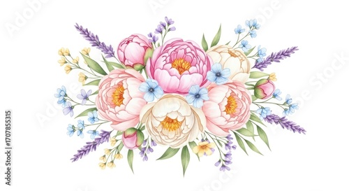 A decorative floral arrangement, featuring peonies, lavender, and small flowers, presented in soft pastel colors, against a plain white backdrop.