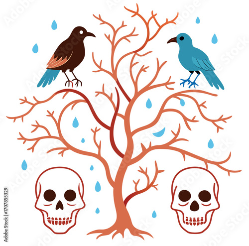 An evil human skull tattoo with a skeleton face icon and birds on a branch