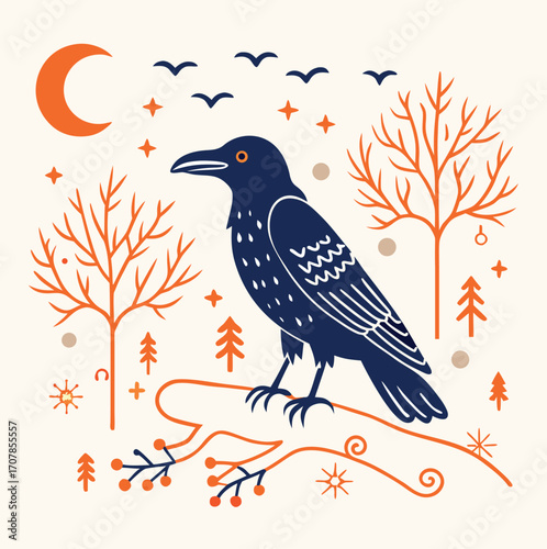 A cute black raven vector illustration with a bullfinch on a branch