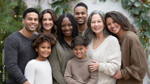 A diverse holiday card photo with interracial families and plus-size members smiling warmly, diversity, inclusivity, interracial couples, plus-size models, holiday card.