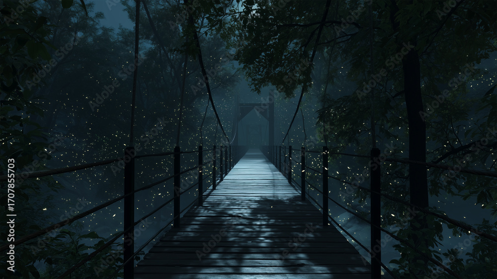 Obraz premium 月夜に静かに続く森の吊り橋