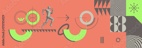 Running man. Concept of leadership, progress and development in time. Striving for the goal. Design for sport. Geometric pattern. Illustration for brochure, poster, cover, presentation or flyer.