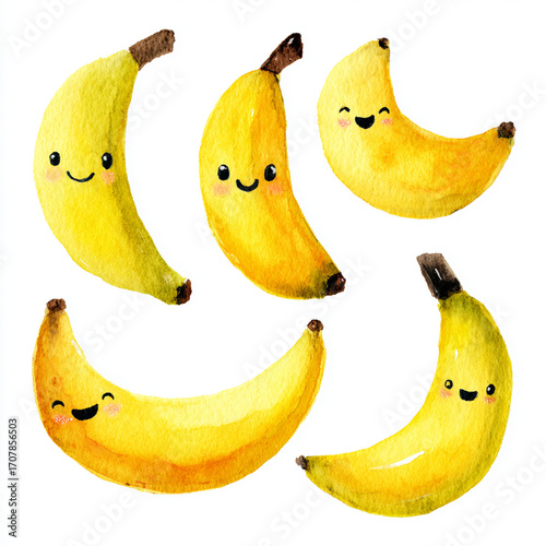 Cute Kawaii smiling banana watercolor illustration