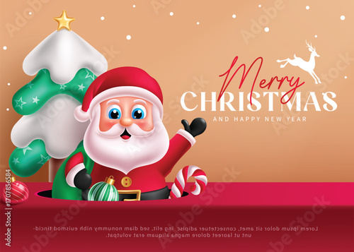 Minimalist Christmas greeting clipart banner with Santa Claus waving cheerfully beside a Christmas tree, candy cane, and ornaments perfect for greeting cards, banners, and festive holiday design vecto