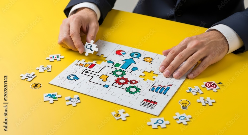 Fototapeta premium A person meticulously assembles a strategic planning puzzle, demonstrating a process-oriented approach to problem-solving.