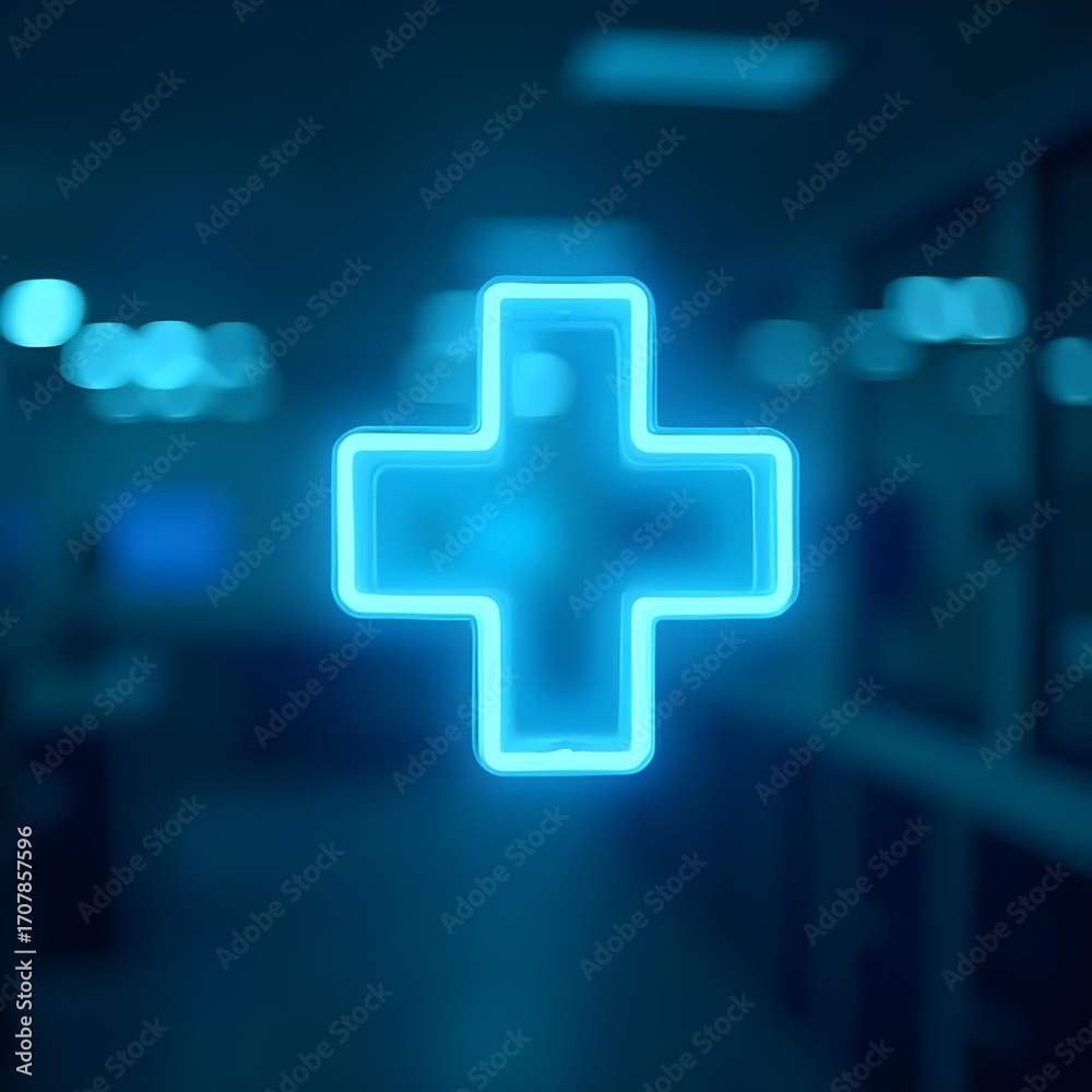 Fototapeta premium Neon blue medical cross on dark background, symbolizing healthcare.