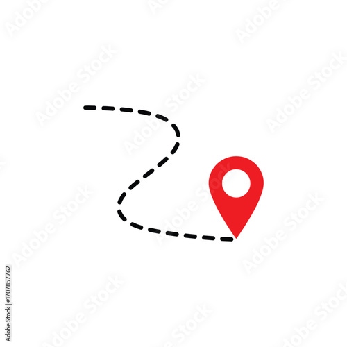 Map route pointer Journey direction concept with a red location marker and a dashed line, minimal design