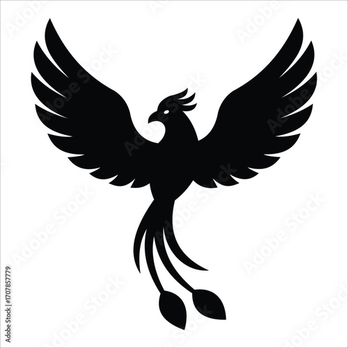 Wallpaper Mural Silhouette of a stylized phoenix with wide, upward-curving wings and a distinctive tail featuring elongated, curved feathers ending in leaf-like shapes. Torontodigital.ca