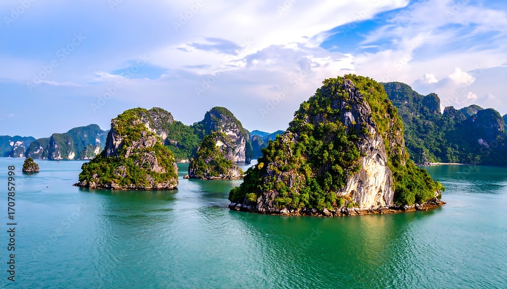 Obraz premium Idyllic view of karst islands rising from a calm, teal sea under a blue, partly cloudy sky