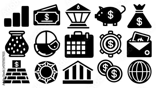 Vector illustration depicting financial and economic concepts including money, growth, and global markets shown here