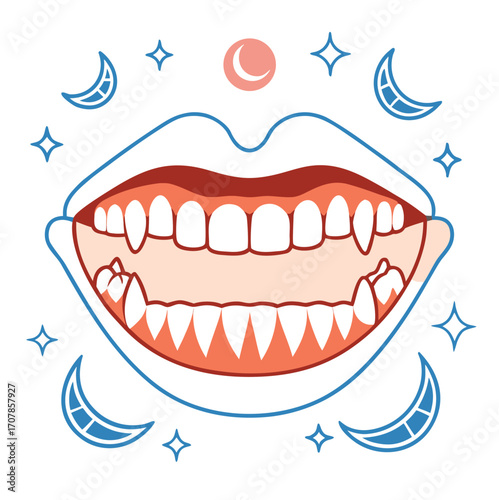 A cartoon illustration of a happy woman with a wide, open-mouthed smile showing her teeth, gums, and tongue