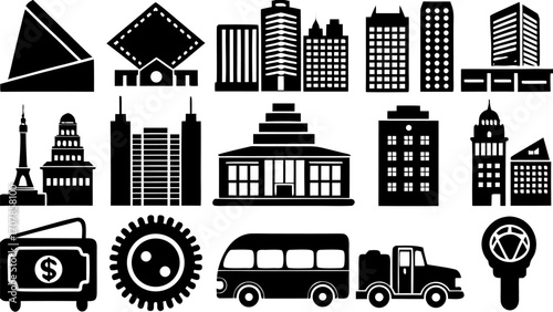 Vector black and white cityscape silhouette with various buildings, a bus, truck, money, and other miscellaneous items