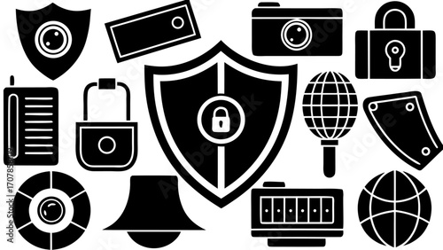 Vector illustration of various security and technology icons including shields cameras and global network symbols