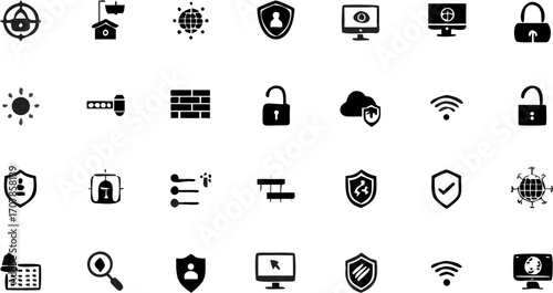 Vector collection of security and technology icons featuring shields, locks, computers, and network symbols shown