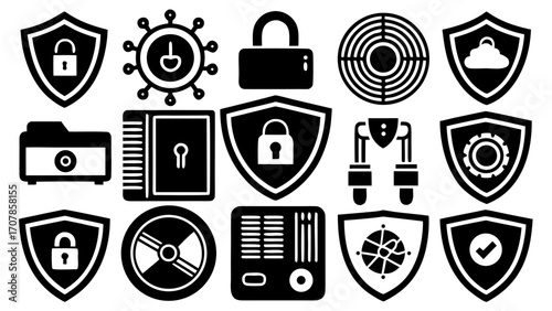 Vector a collection of security related icons including shields, locks, gears, and other technology symbols