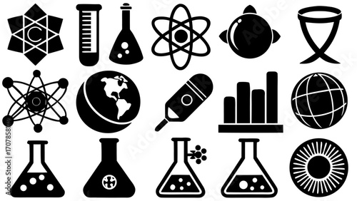 Vector illustration of science and technology icons including atoms, flasks, and the earth globe design