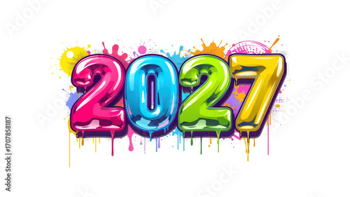 2027 Colorful Glossy New Year Design with Paint Splatter