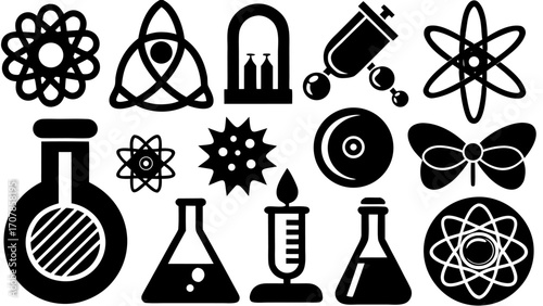 Vector illustration of science and alchemy elements including atoms flasks and other laboratory equipment