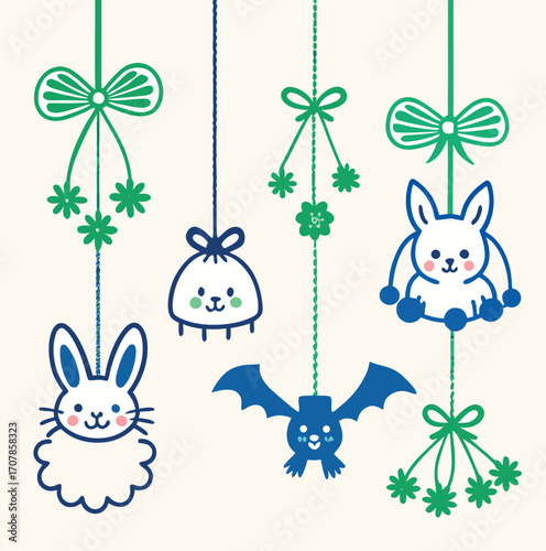 A cute set of funny cartoon rabbits celebrating Easter with colorful eggs and a seamless pattern