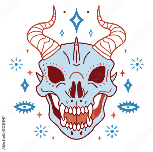 A tribal evil monster skull with wings and vintage vector illustration