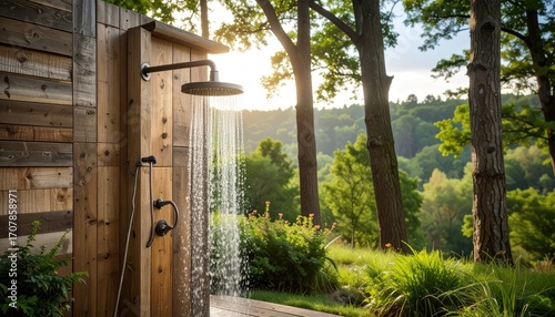 Outdoor Shower with Rustic Wood Enclosure and Lush Green Forest Background Bathed in Warm Sunlight Creating a Serene Natural Retreat