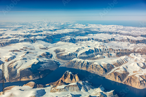 Aerial view of snowy fjords on Baffin Island, Nunavut, Canada
