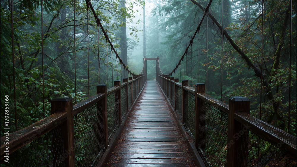 Fototapeta premium 早朝の霧に包まれた静かな吊り橋