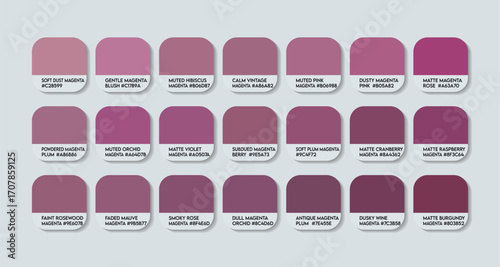 Matte Magenta Color Guide Palette with Color Names. Catalog Samples of Matte Magenta with RGB HEX codes and Names. Magenta Colors shades Vector, Pink Color Palette, Magenta Fashion Trend Color Tones