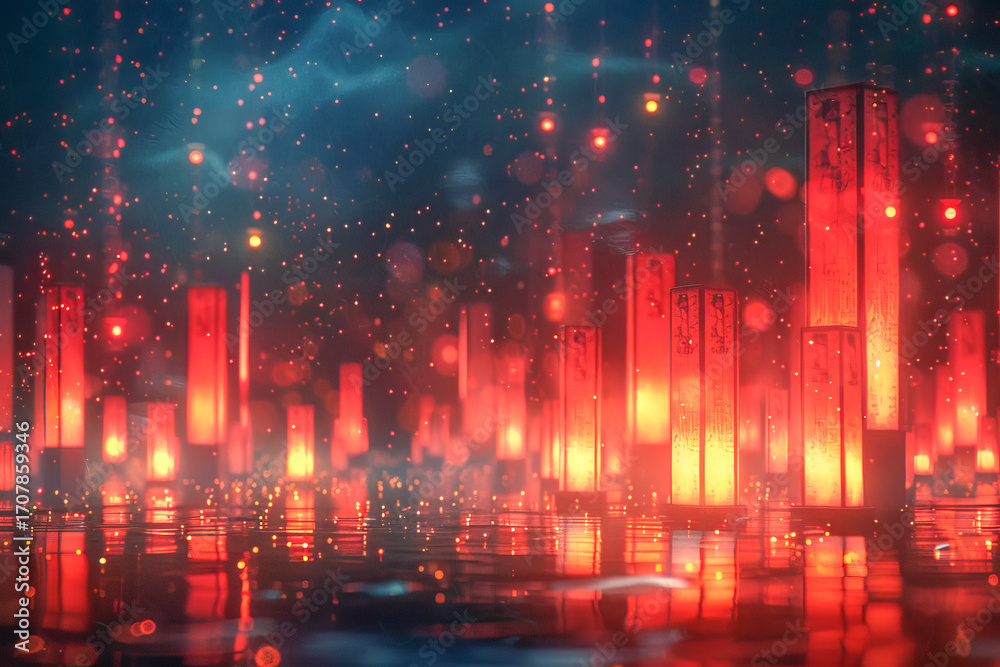 Fototapeta premium Red lanterns floating on water at night creating a magical atmosphere