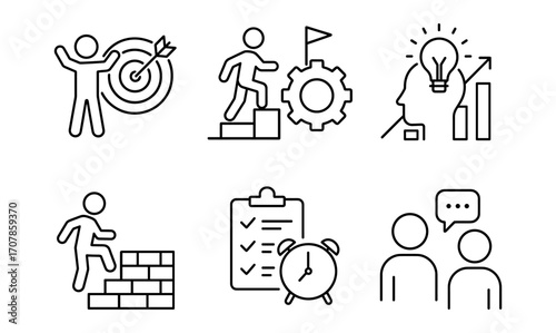 Minimalist social network icons featuring communication, innovation, and goal achievement for digital and print design