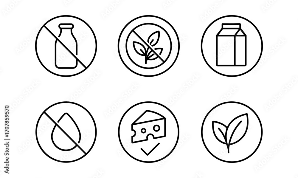Fototapeta premium Lactose free icon set with milk bottle, leaf, cheese for packaging design and labeling