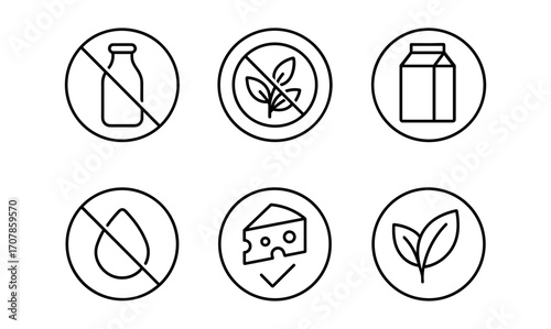 Lactose free icon set with milk bottle, leaf, cheese for packaging design and labeling