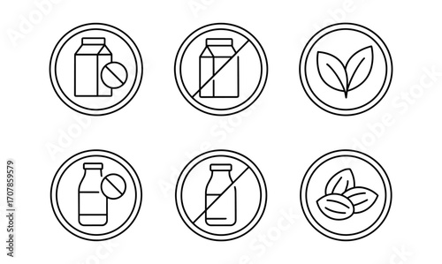 Lactose free badge set with vegan and almond icons for product labeling and packaging design
